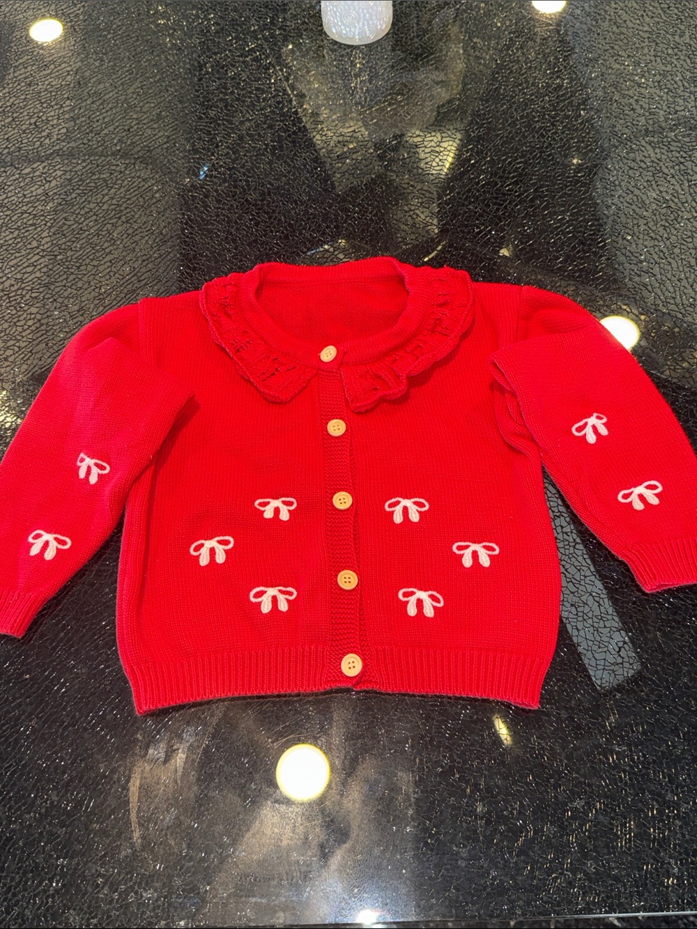Red Knit Baby Cardigan with Bow Embroidery